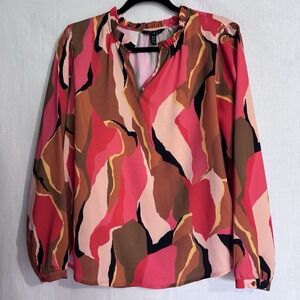 Tribal Abstract Print Blouse - Size M - Vibrant Pink, Brown, Red & Coral Shirt‎